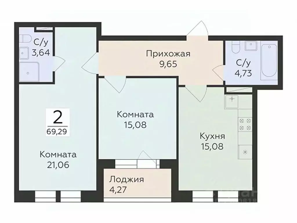 2-к кв. Воронежская область, Воронеж ул. Матросова (69.29 м) - Фото 0