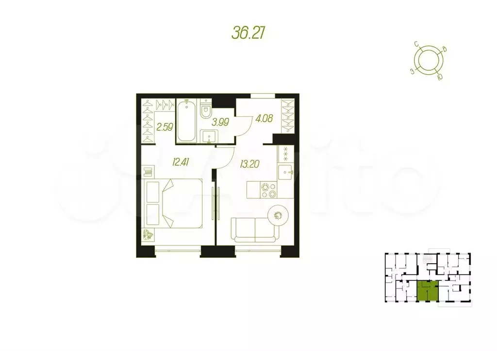 1-к. квартира, 36,3 м, 3/9 эт. - Фото 1