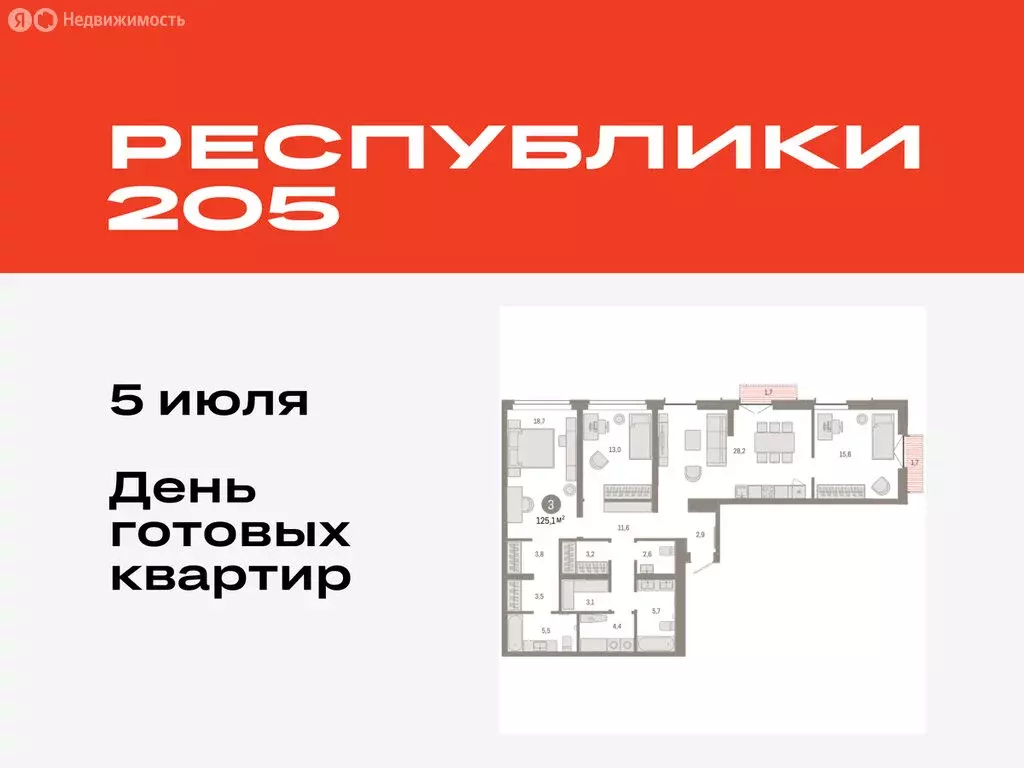 3-комнатная квартира: Тюмень, жилой комплекс Республики 205 (125.11 м) - Фото 0