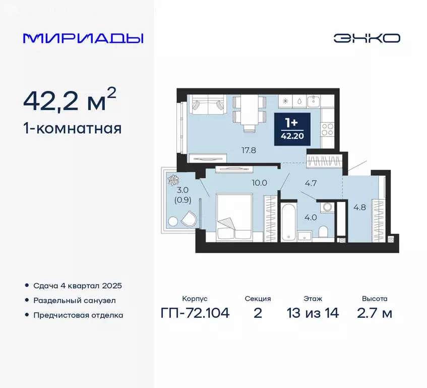 1-комнатная квартира: Тюмень, ЖК Мириады (42.2 м) - Фото 0
