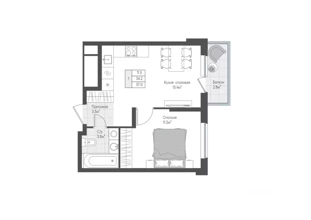 1-к кв. Тверская область, Тверь Лесная Мелодия-3 жилой комплекс (35.04 ... - Фото 1