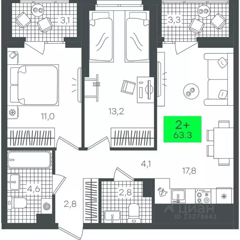 2-к кв. Тюменская область, Тюмень ул. Василия Малкова, 19 (63.31 м) - Фото 0