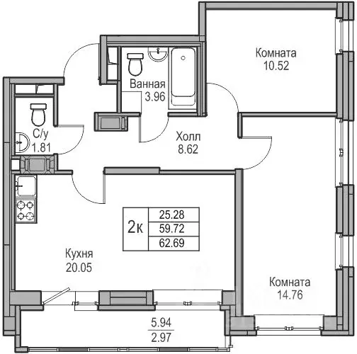 2-к кв. Санкт-Петербург ул. Ивинская, 1к3 (59.72 м) - Фото 0