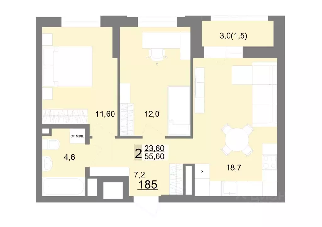 2-к кв. Свердловская область, Екатеринбург ул. Металлургов, 63/3 (55.6 ... - Фото 1