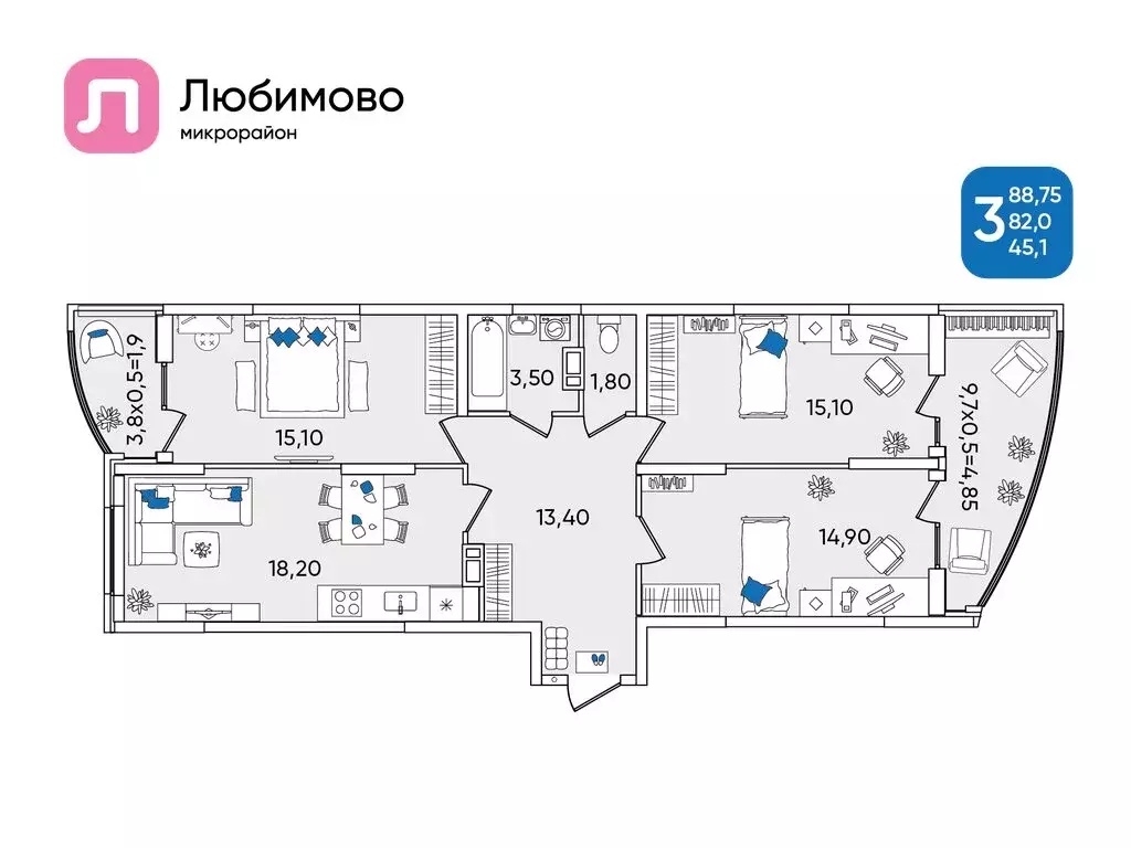 3-комнатная квартира: Краснодар, Батуринская улица, 10 (88.75 м) - Фото 0