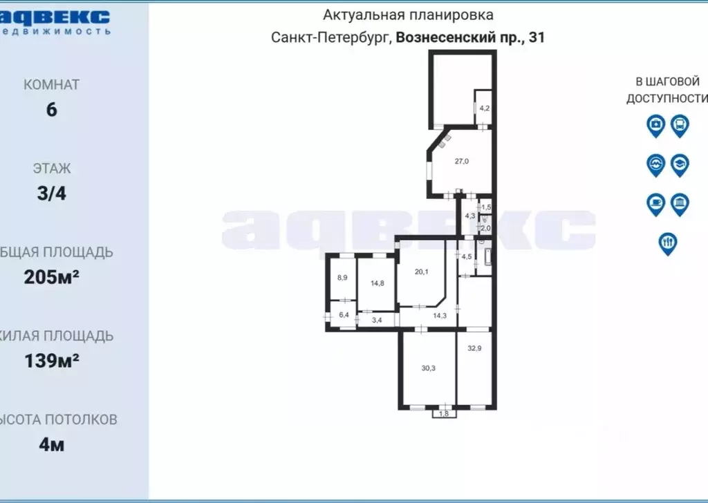 Комната Санкт-Петербург Вознесенский просп., 31 (32.0 м) - Фото 1