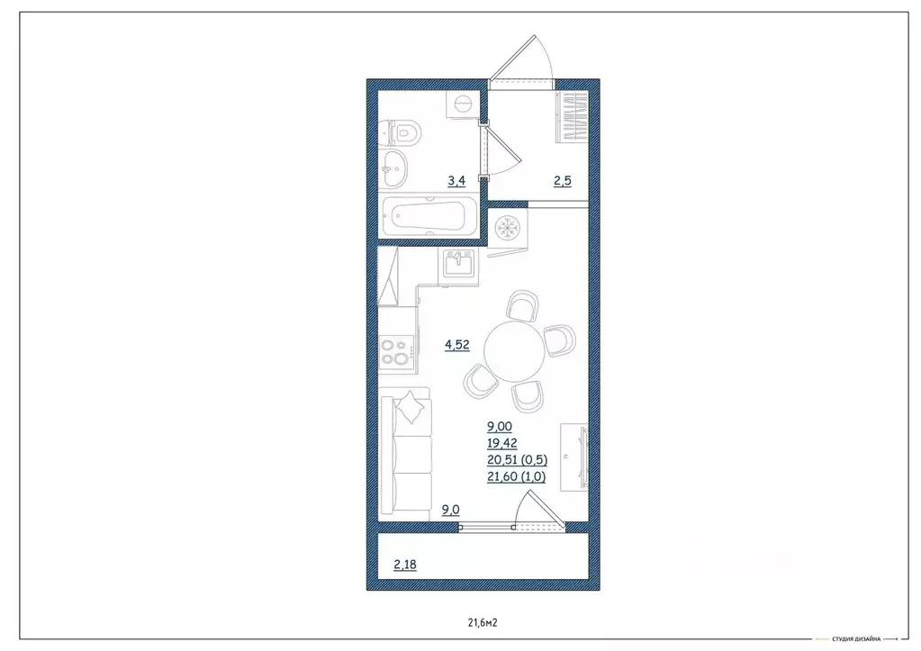 Студия Тверская область, Тверь Новочеркасская ул., 48 (21.6 м) - Фото 2
