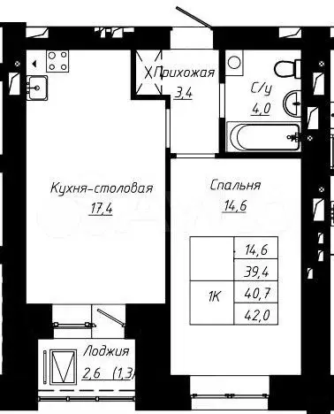 1-к. квартира, 40,7 м, 13/16 эт. - Фото 1