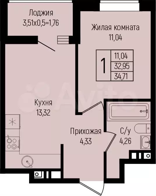 1-к. квартира, 34,7 м, 7/15 эт. - Фото 0