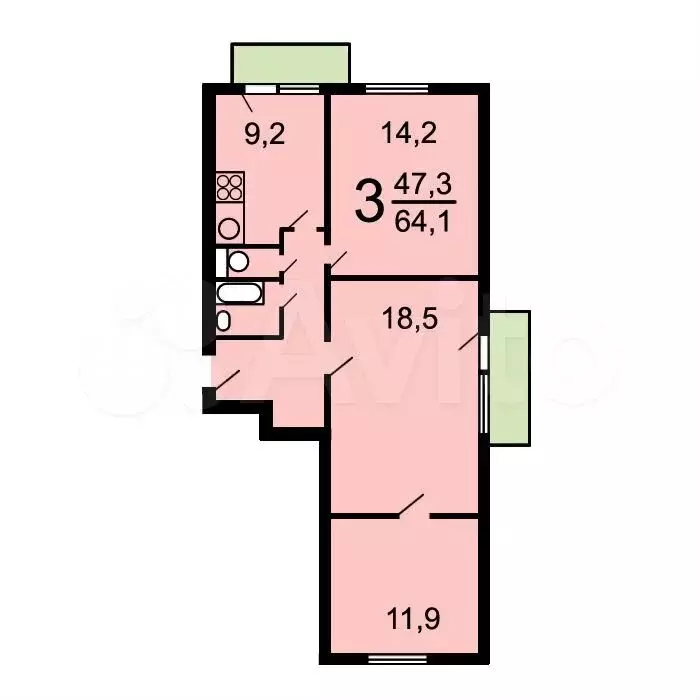 3-к. квартира, 64,1 м, 12/12 эт. - Фото 0