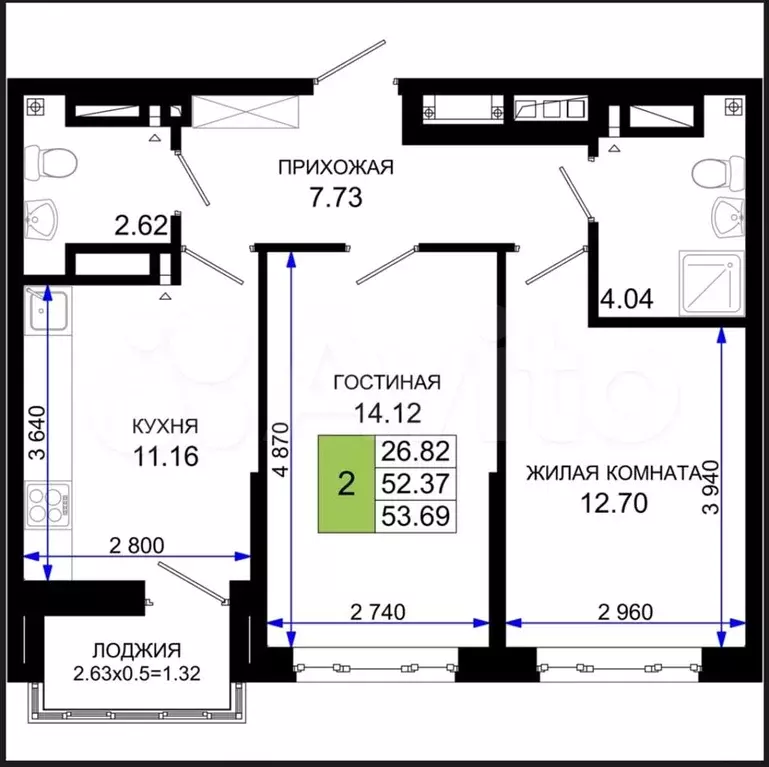 2-к. квартира, 53,7 м, 18/25 эт. - Фото 1