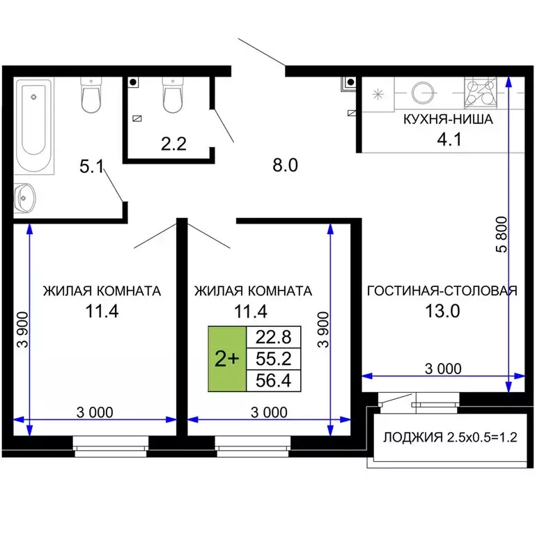 2-комнатная квартира: Краснодар, улица Лётчика Позднякова, 2к23 (56.4 ... - Фото 0