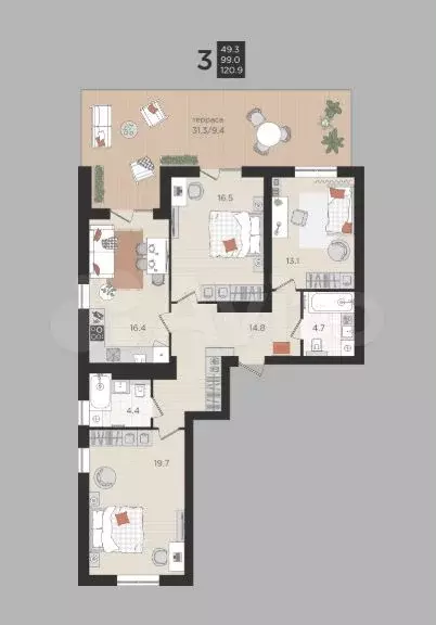 3-к. квартира, 99 м, 1/4 эт. - Фото 1