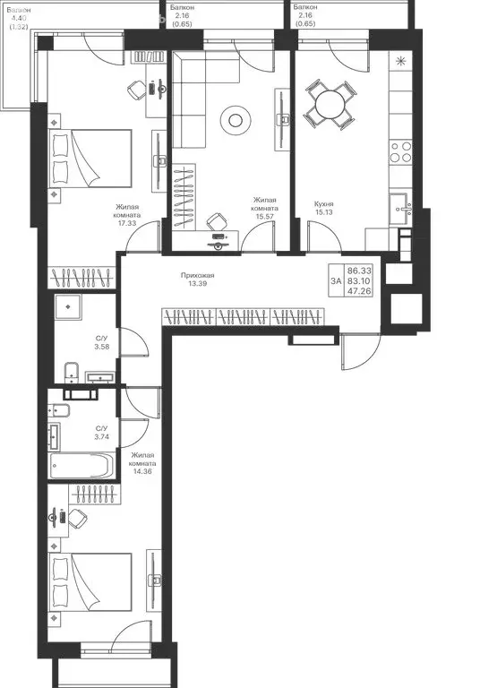 3-комнатная квартира: Казань, ЖК Мой Ритм (86.33 м) - Фото 0