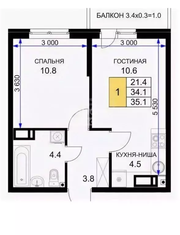 1-к кв. Краснодарский край, Краснодар ул. Имени Героя Ростовского, 8к1 ... - Фото 1
