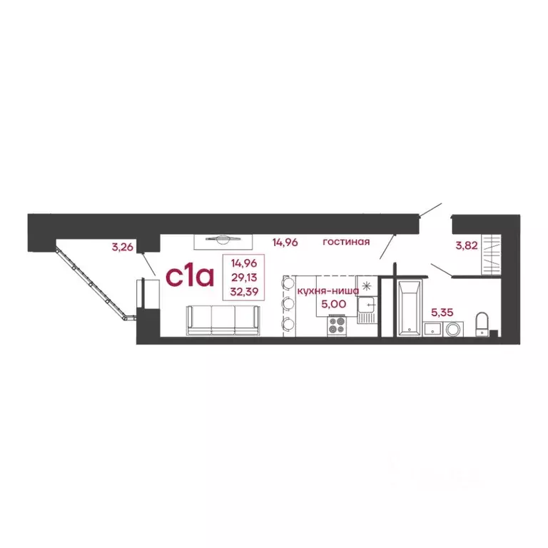 Студия Пензенская область, Пенза ул. Измайлова, 41В (32.39 м) - Фото 1