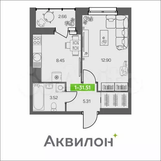 1-к. квартира, 31,5 м, 8/8 эт. - Фото 0