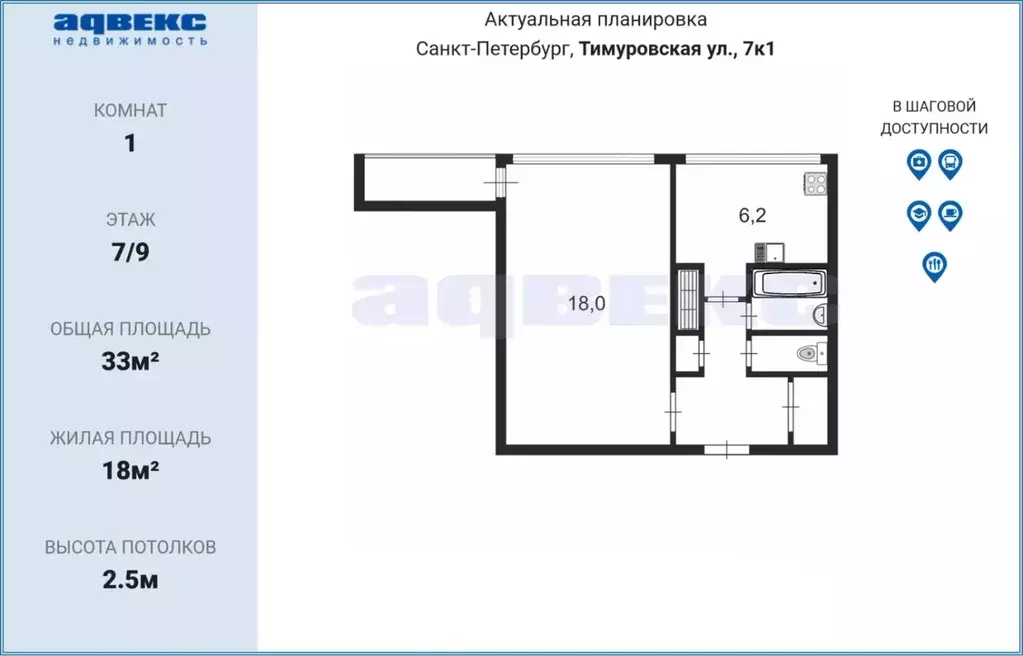 1-к кв. Санкт-Петербург Тимуровская ул., 7К1 (33.0 м) - Фото 1