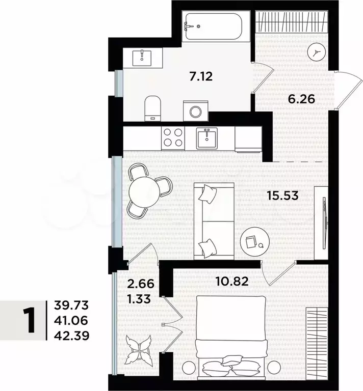 1-к. квартира, 42,4 м, 5/5 эт. - Фото 1