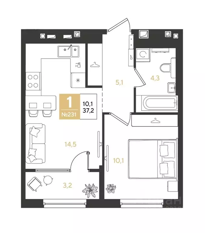 1-к кв. Краснодарский край, Краснодар Самолет кв-л,  (37.2 м) - Фото 1