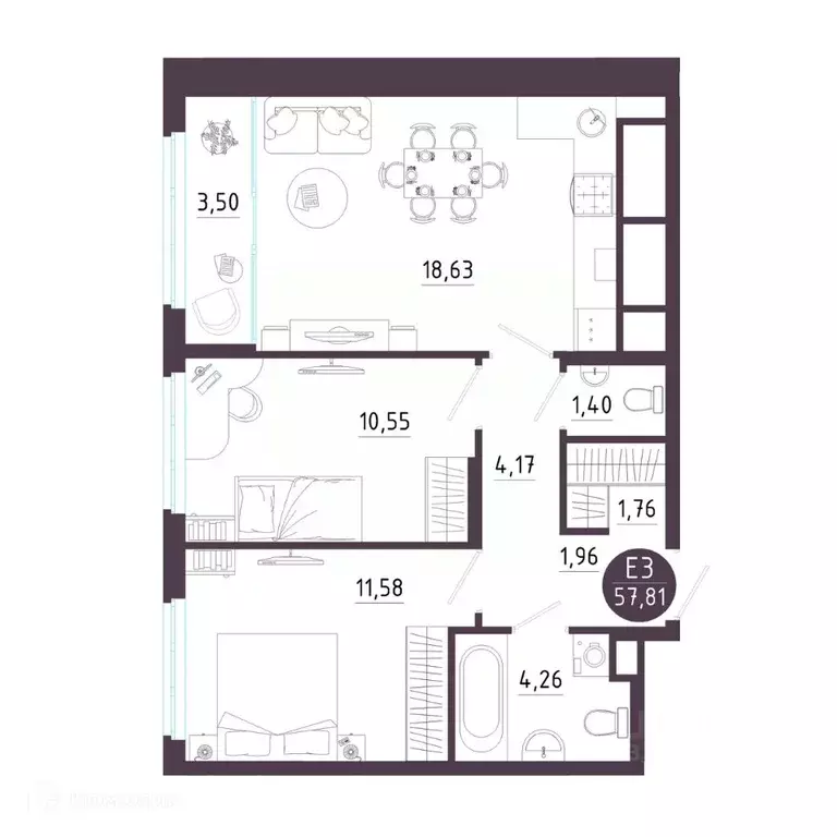2-к кв. Рязанская область, Рязань Московское ш. (57.81 м) - Фото 1