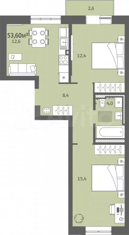 2-к. квартира, 53,6 м, 9/9 эт. - Фото 0