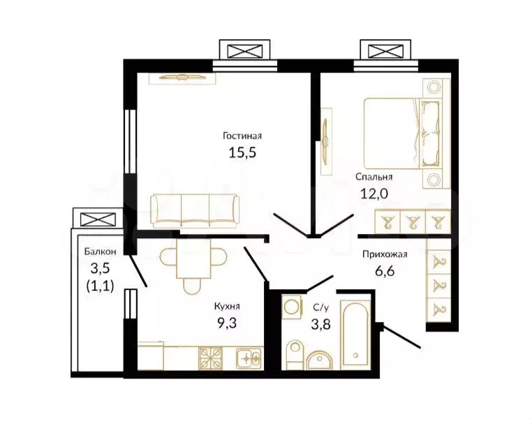 2-к. квартира, 48,7м, 1/9эт. - Фото 1