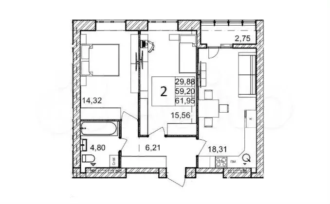 2-к. квартира, 62м, 9/9эт. - Фото 1