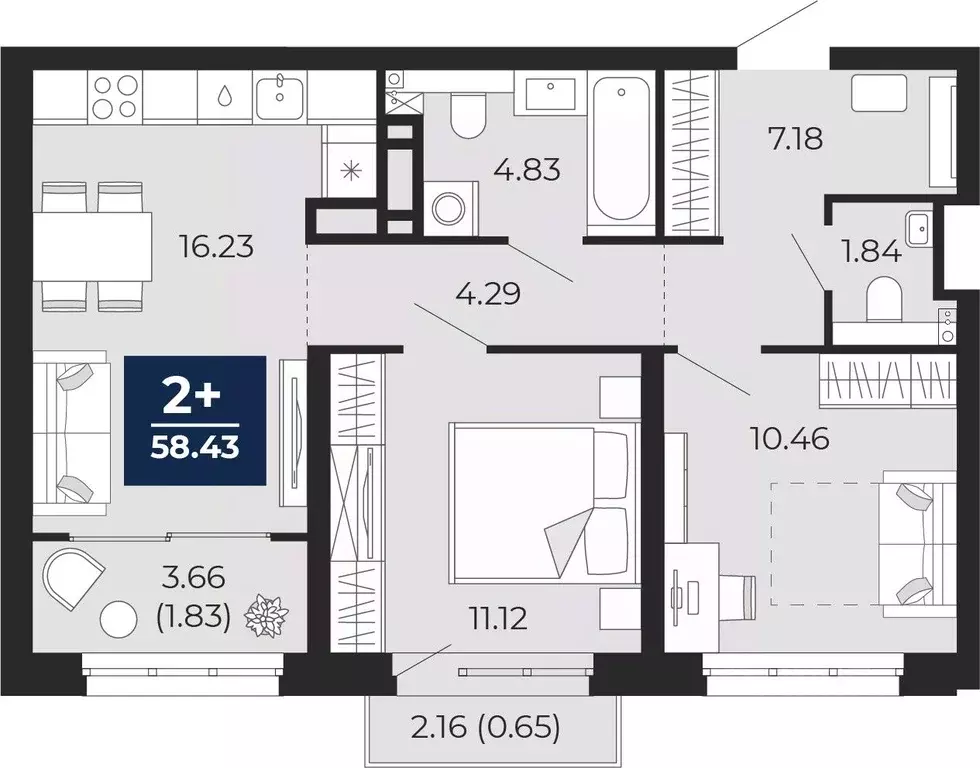 2-к кв. Тюменская область, Тюмень Энтузиастов мкр,  (59.29 м) - Фото 0