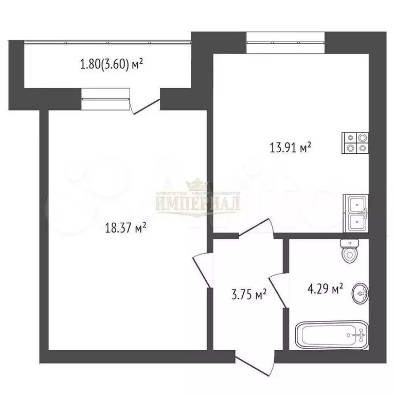 1-к. квартира, 44 м, 6/9 эт. - Фото 0