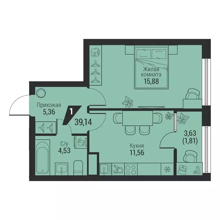 1-комнатная квартира: Екатеринбург, проспект Космонавтов, 100 (39.14 ... - Фото 1