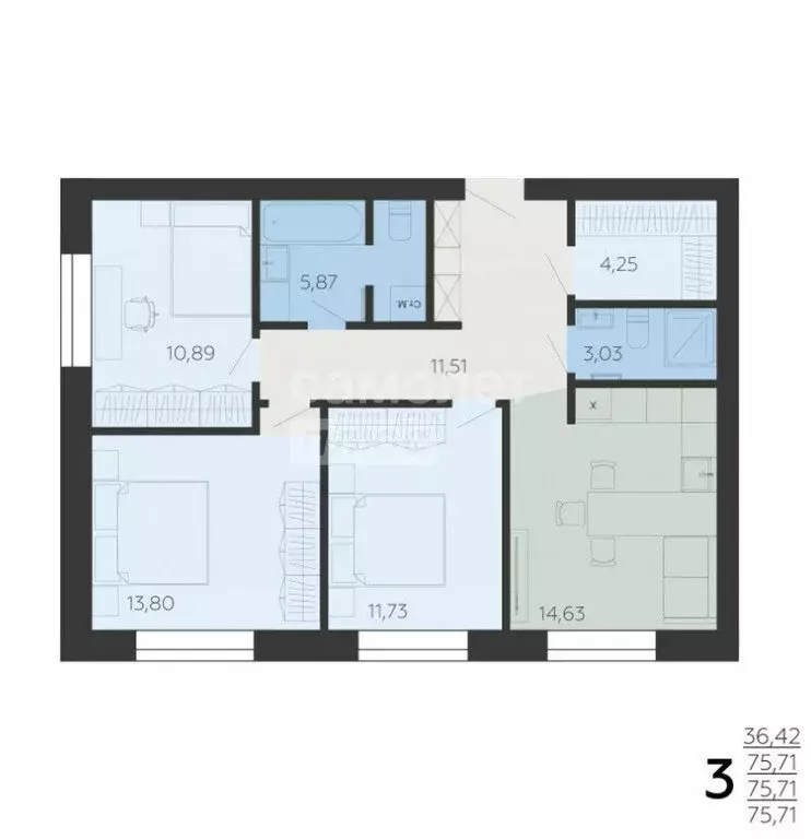 3-комнатная квартира: село Ленино, проспект Мечты, 2 (75.71 м) - Фото 1