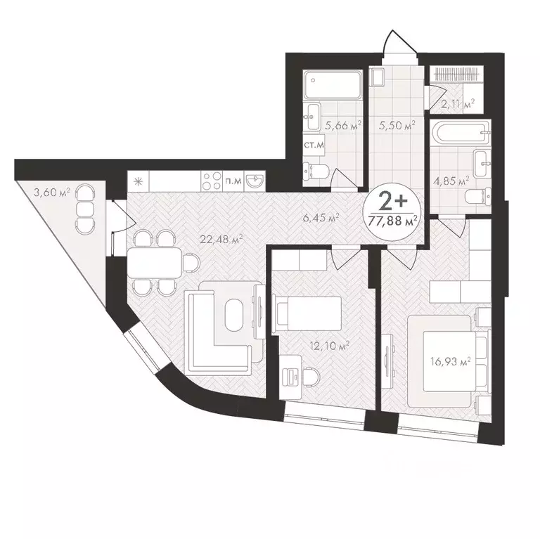 2-к кв. Башкортостан, Уфа Южный-2 мкр,  (77.88 м) - Фото 1