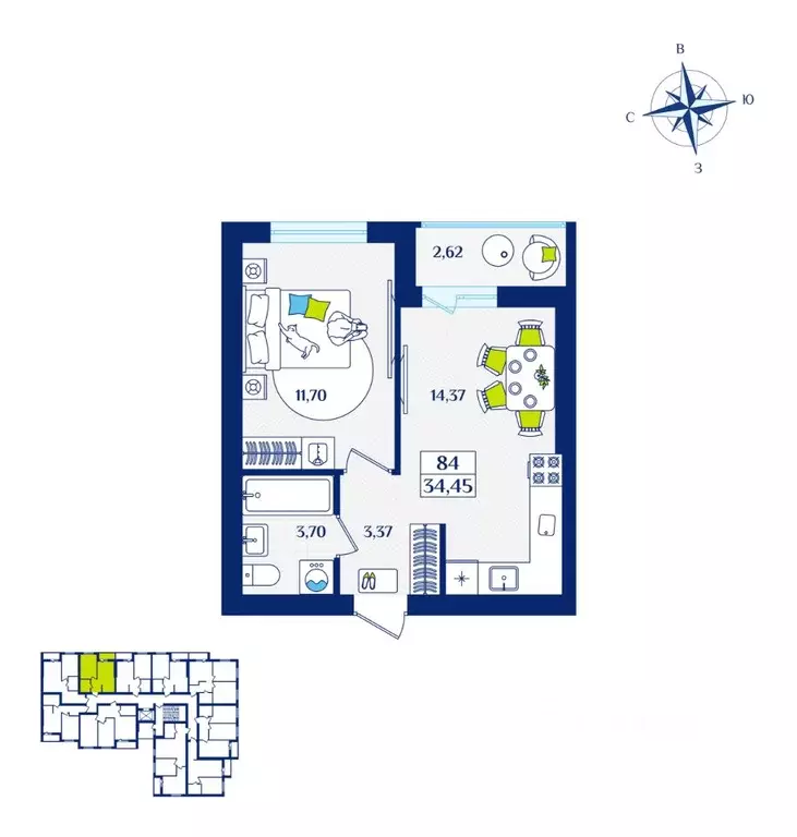 1-к кв. Калининградская область, Зеленоградск  (34.45 м) - Фото 0