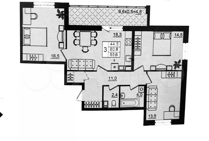 3-к. квартира, 85,6 м, 2/9 эт. - Фото 0