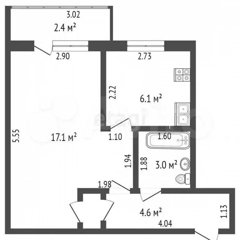 1-к. квартира, 31,7 м, 2/5 эт. - Фото 0