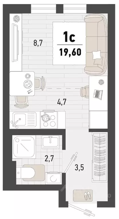 Студия Краснодарский край, Новороссийск Барса жилой комплекс (19.6 м) - Фото 1