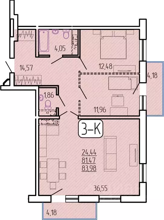 3-к кв. Бурятия, Улан-Удэ 129-й мкр,  (83.98 м) - Фото 1