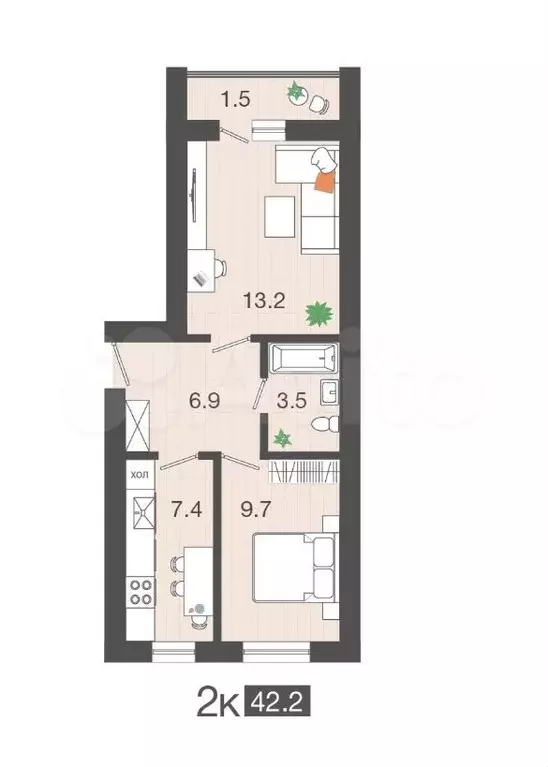 2-к. квартира, 42,2 м, 2/4 эт. - Фото 1