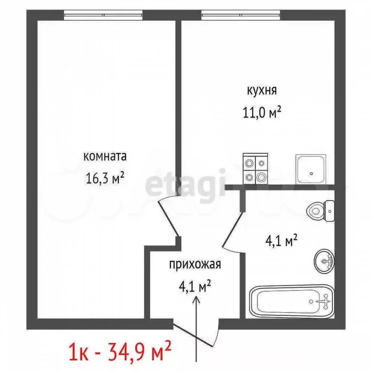 1-к. квартира, 34,9 м, 4/8 эт. - Фото 0