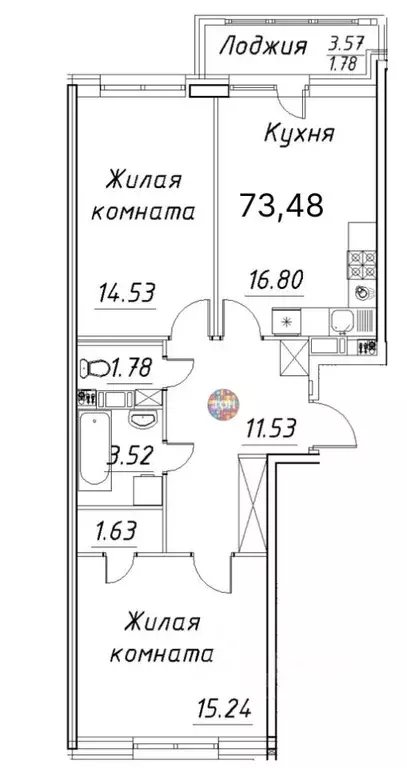 2-к кв. Санкт-Петербург просп. Авиаконструкторов, 54 (73.48 м) - Фото 1