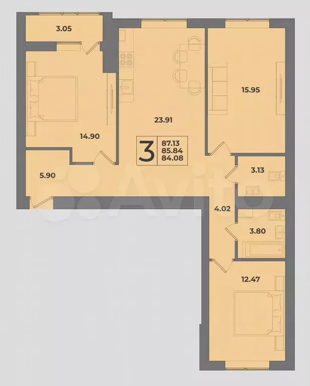 3-к. квартира, 87 м, 8/9 эт. - Фото 1