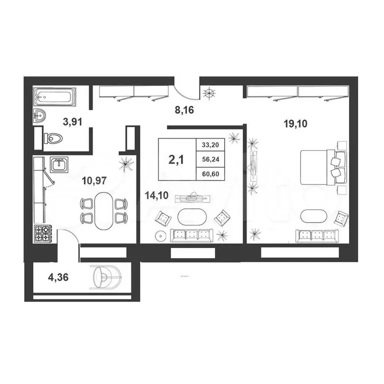 2-к. квартира, 56 м, 9/9 эт. - Фото 1