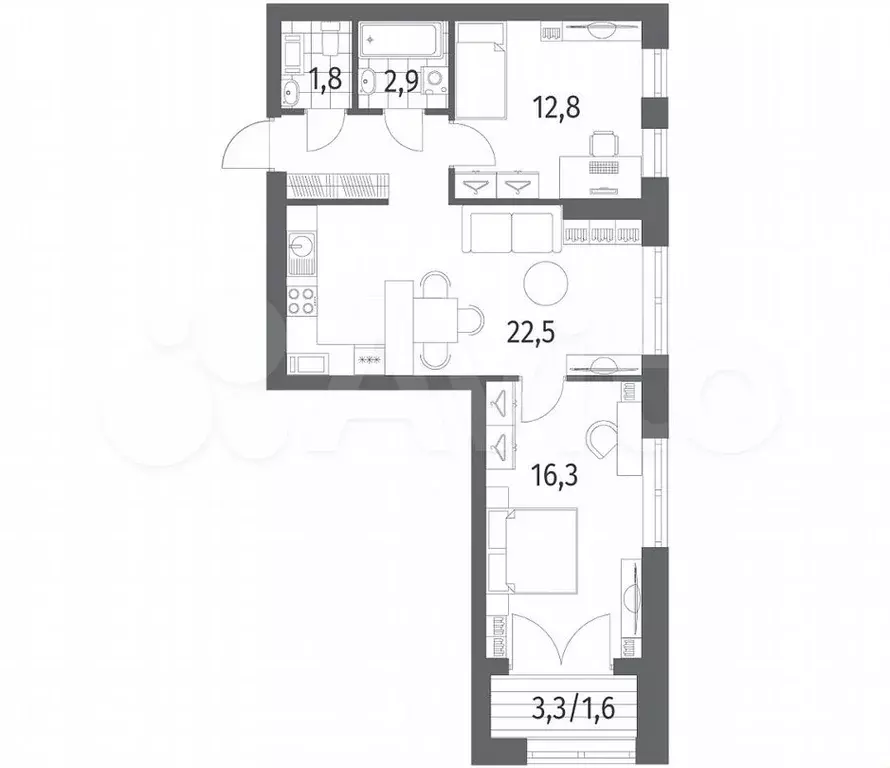 2-к. квартира, 63,5м, 2/11эт. - Фото 1