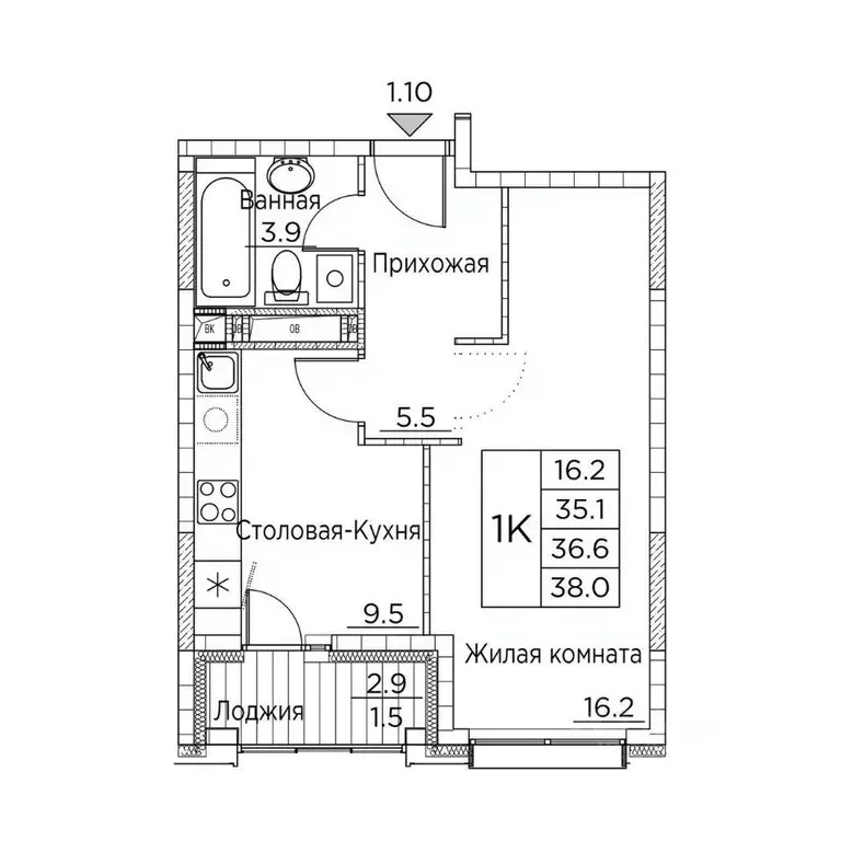 1-к кв. Приморский край, Владивосток ул. Расула Гамзатова, 7к3 (38.0 ... - Фото 1