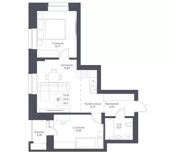 Продаётся 3-к квартира, 54.95 м - Фото 0