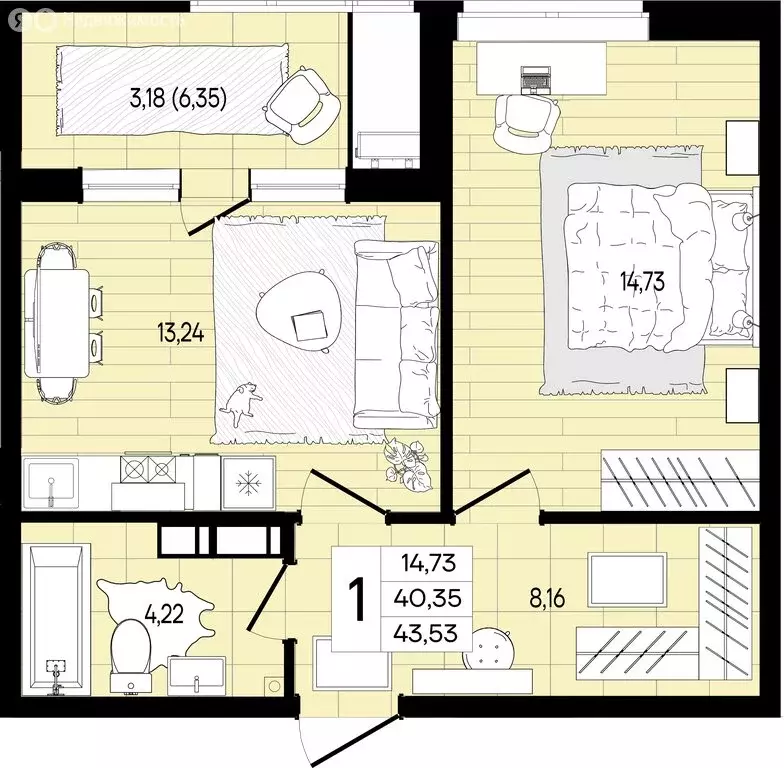 1-комнатная квартира: Краснодар (43.53 м) - Фото 0
