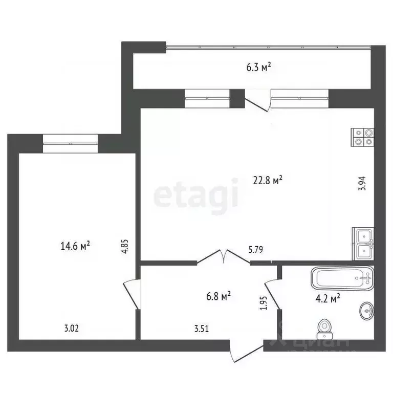 1-к кв. Тюменская область, Тюмень ул. Прокопия Артамонова, 13 (48.4 м) - Фото 2