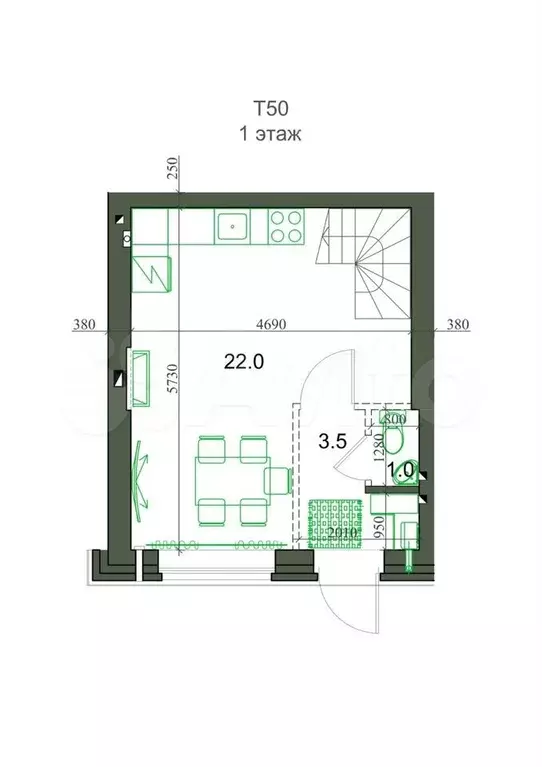 2-к. квартира, 51 м, 2/2 эт. - Фото 1