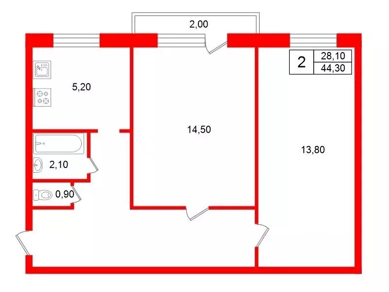 2-к кв. Санкт-Петербург Заневский просп., 59 (44.3 м) - Фото 2